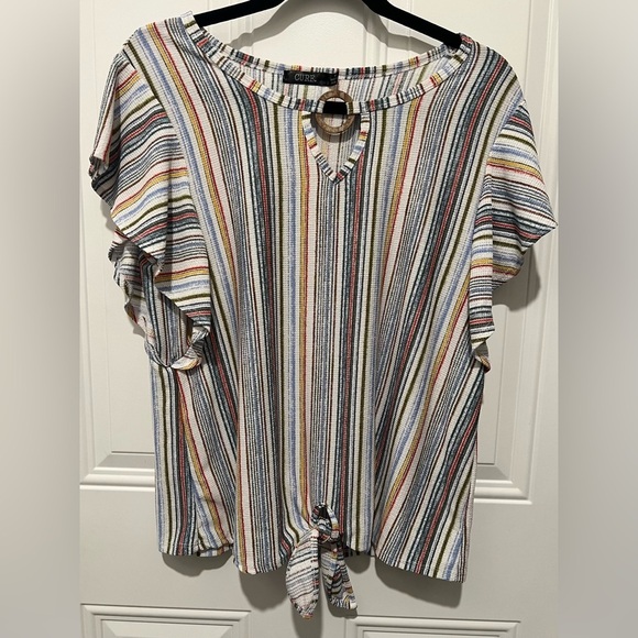 Cure Striped Flutter Sleeve Tie Front Blouse Sz Medium Beautiful Colors & Style! - Picture 3 of 12